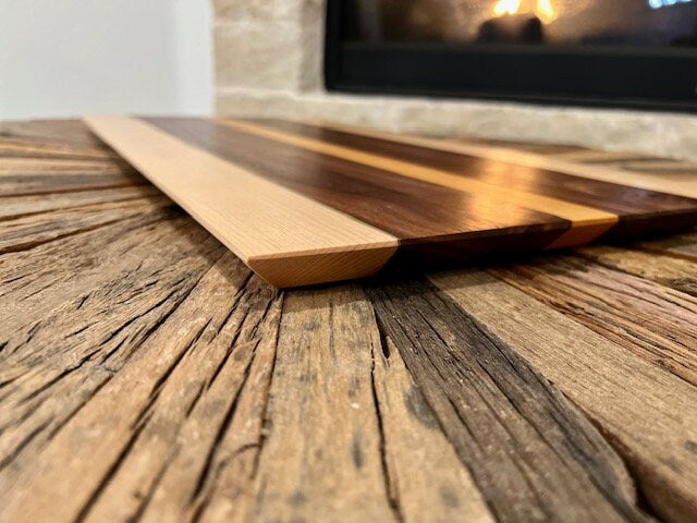 Custom one of a kind 25” X 12.75” Cutting Board Walnut, Cherry and Maple Long sleek low profile design. XL size for Brisket and Ribs.
