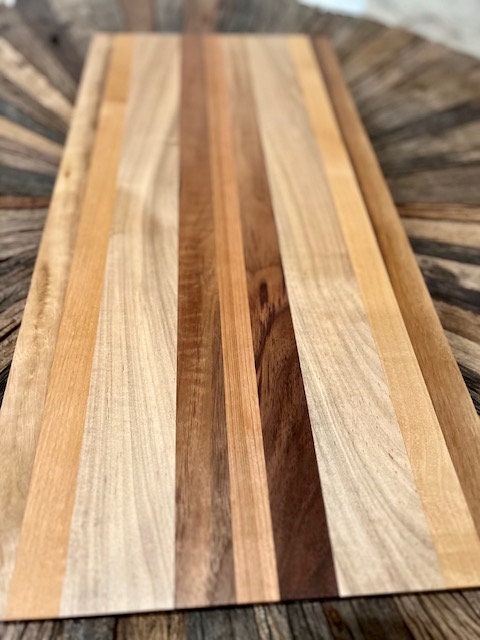 Custom Walnut, Maple and Cherry 26” X 12 1/8” Cutting Board with a long sleek low profile design. XL size for Brisket and Ribs.