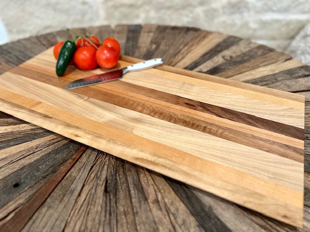 Custom Walnut, Maple and Cherry 26” X 12 1/8” Cutting Board with a long sleek low profile design. XL size for Brisket and Ribs.